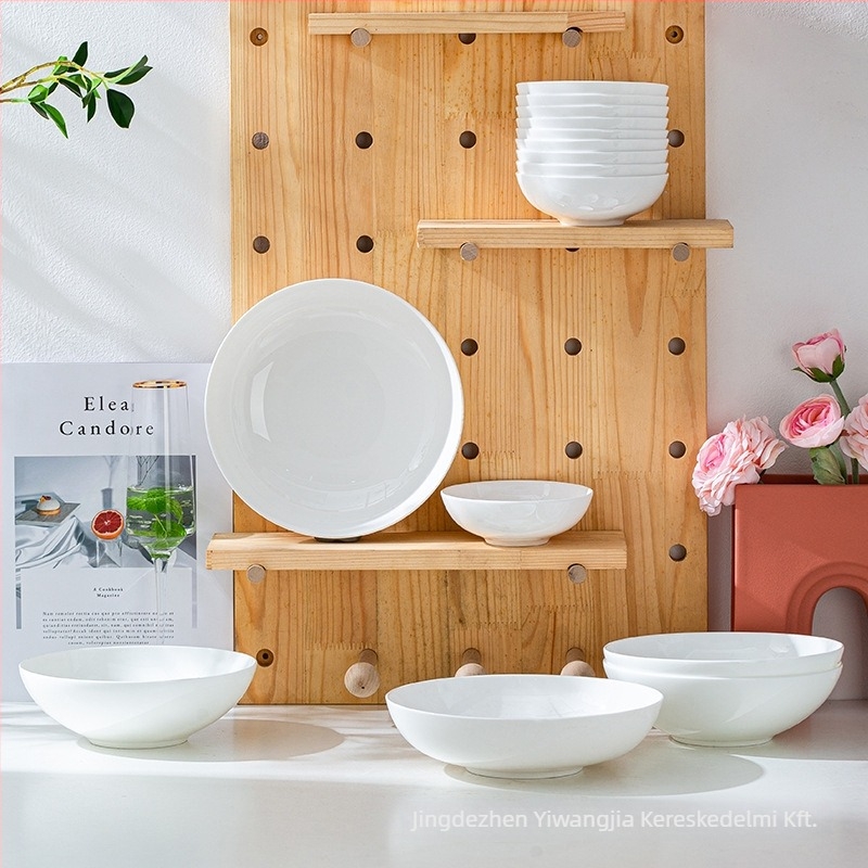Csontporcelán tál – kínai stílusú, kerek tál tészta/saláta számára, alglazúros mintával, mikrohullámú sütőben használható