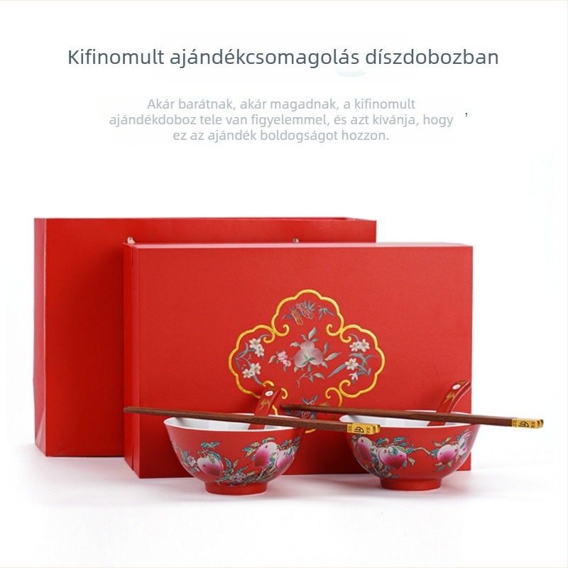 Kerámia tálkészlet - Új kínai stílusú hosszú élettartam ajándék születésnapra, tartalmaz tálakat, evőpálcákat és kanálokat