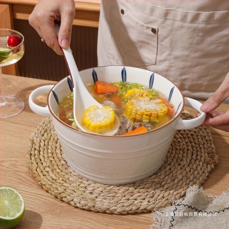 Kétfülű kerámia ramen- és leveses tál, kör alakú, alglazúros mintázat, japán stílus, mikrohullámú sütőben nem használható