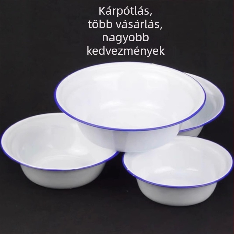 Emailezett levesestál, retro stílusú, kerek formájú, porcelán felülettel, mikrohullámú sütő nem alkalmas