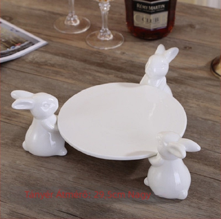 Nyuszi mintás porcelán desszerttál, szabálytalan forma, alulglazúros mintázat, mikrohullámú sütőben használható