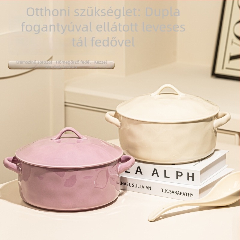 Leveses tál fedővel, porcelán, kerek forma, világos luxus stílus, alul-glazúrral bevont felület