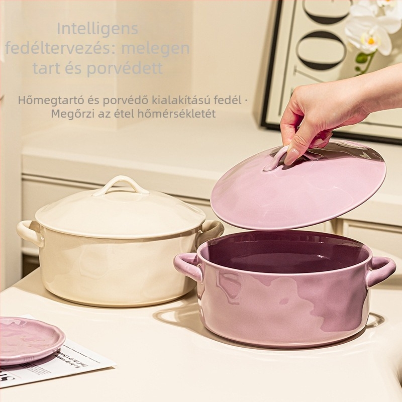 Leveses tál fedővel, porcelán, kerek forma, világos luxus stílus, alul-glazúrral bevont felület