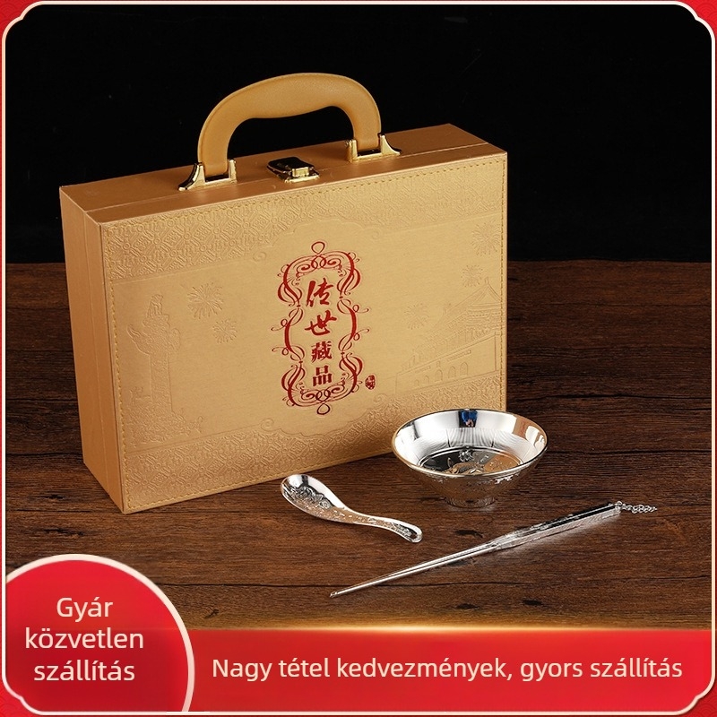 Ezüst tál evőkanállal és evőpálcákkal, háromrészes készlet, új kínai stílusú ajándék