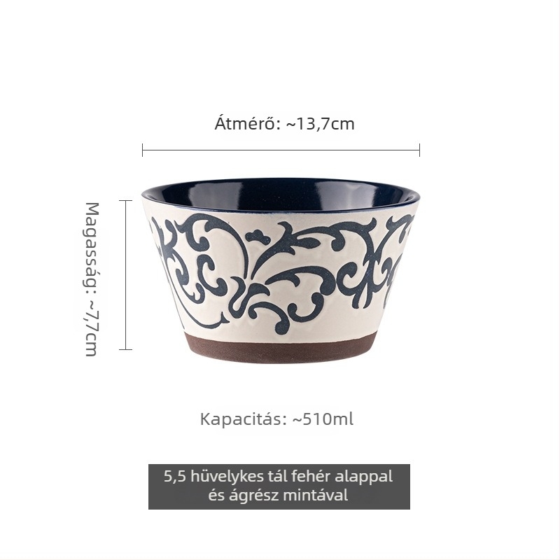 Porcelánból készült japán-stílusú tálak relief mintával aláglazúrral, kúpos rizstálak, nagy kapacitású retro étkészlet