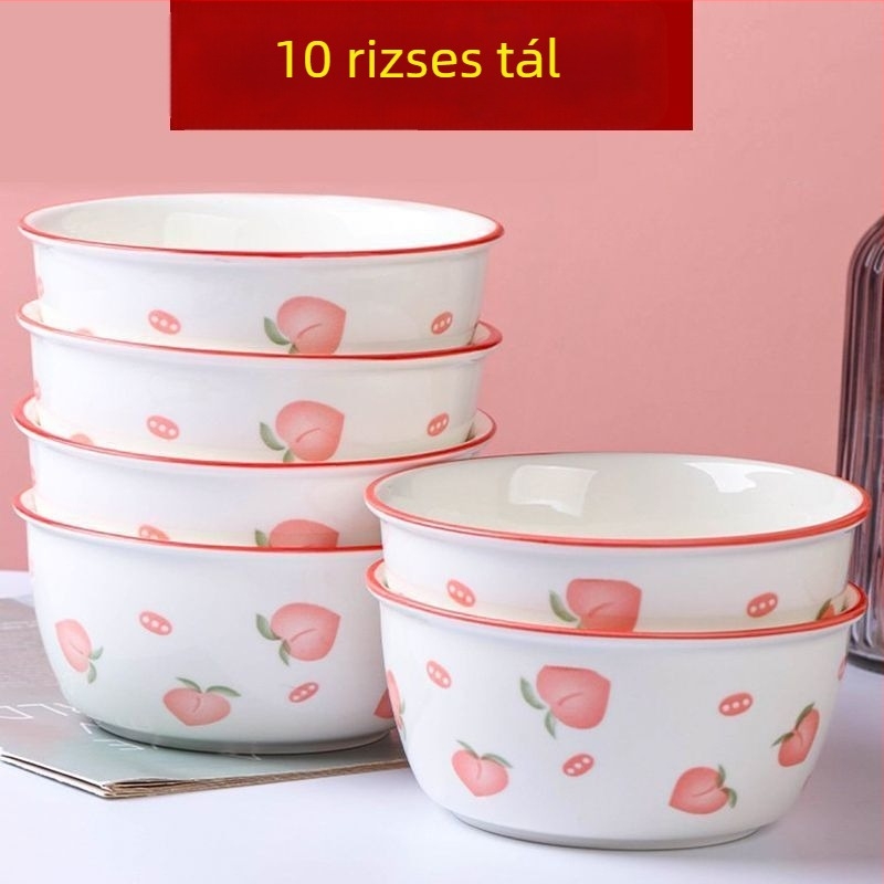 Őszibarack- és epermintás porcelán rizs- és kásatál készlet kanalakkal, otthoni használatra, aranyos Ins-stílus, pároknak és gyerekeknek