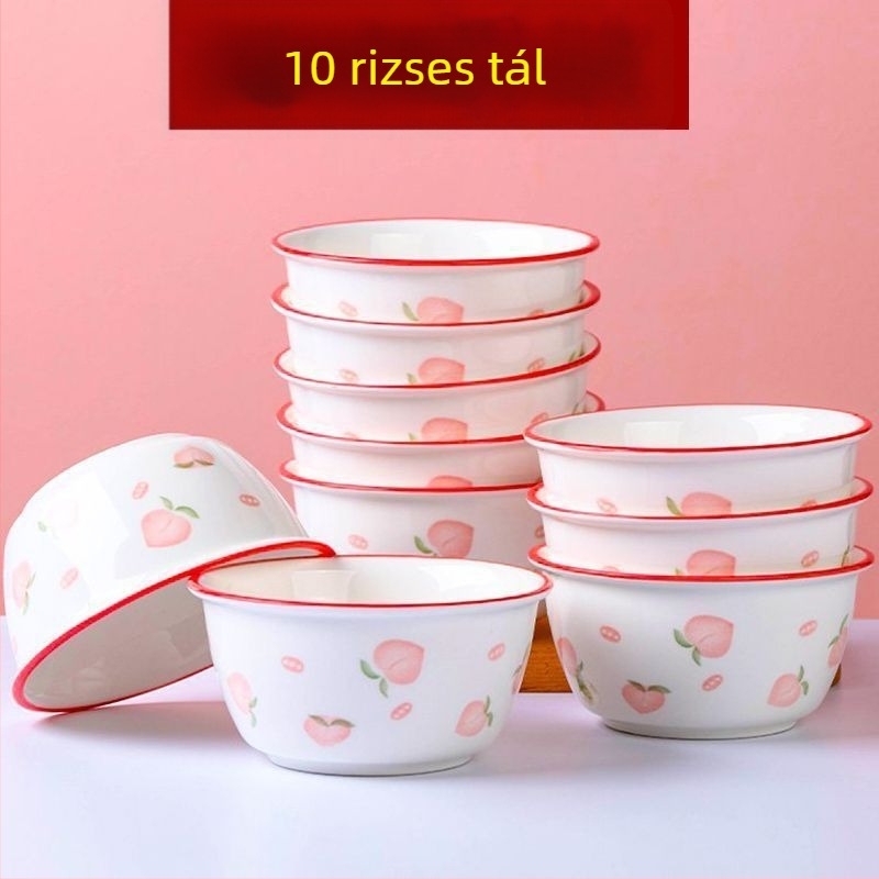 Őszibarack- és epermintás porcelán rizs- és kásatál készlet kanalakkal, otthoni használatra, aranyos Ins-stílus, pároknak és gyerekeknek