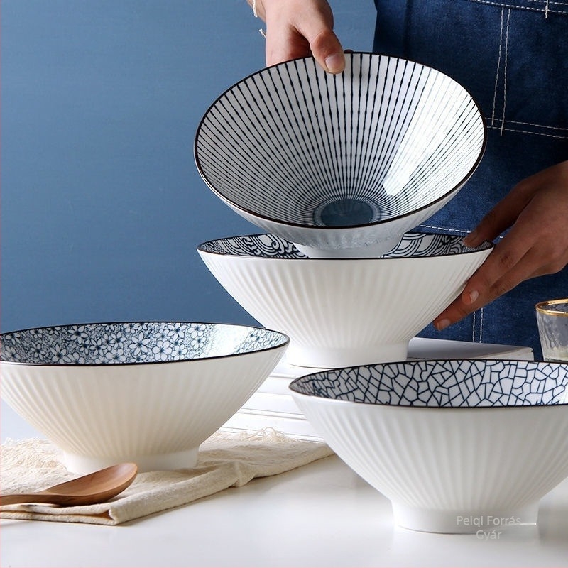 Japán stílusú kónikus ramen tál, kerámia asztali edény, nagy tál tésztához, átmérő körülbelül 18 cm, modern minimalista dizájn.