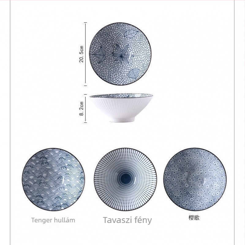 Japán stílusú kónikus ramen tál, kerámia asztali edény, nagy tál tésztához, átmérő körülbelül 18 cm, modern minimalista dizájn.
