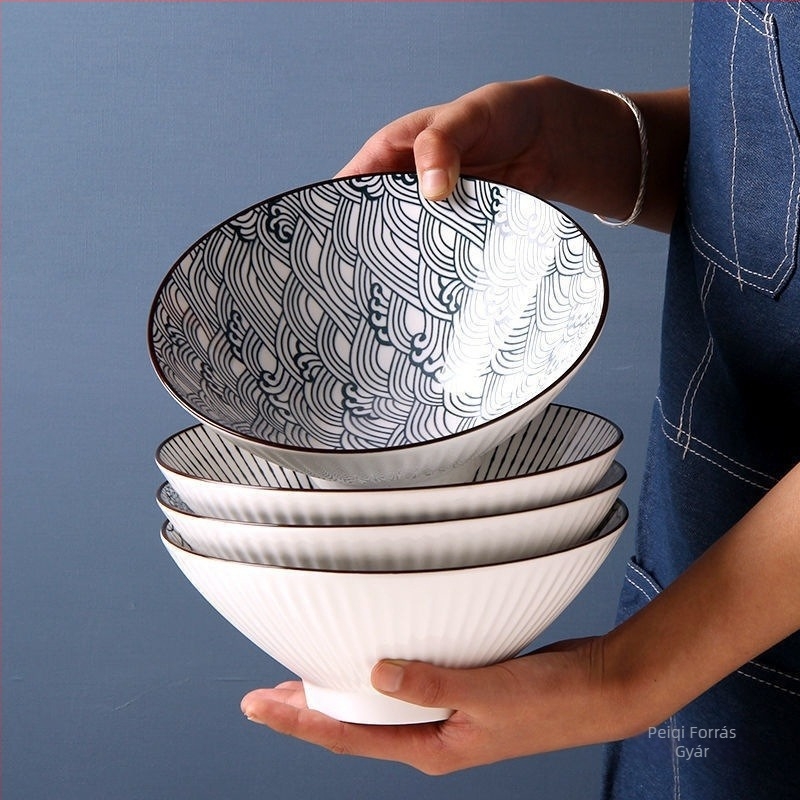 Japán stílusú kónikus ramen tál, kerámia asztali edény, nagy tál tésztához, átmérő körülbelül 18 cm, modern minimalista dizájn.