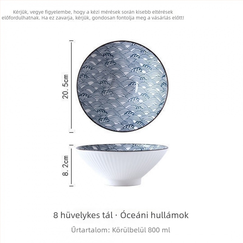Japán stílusú kónikus ramen tál, kerámia asztali edény, nagy tál tésztához, átmérő körülbelül 18 cm, modern minimalista dizájn.