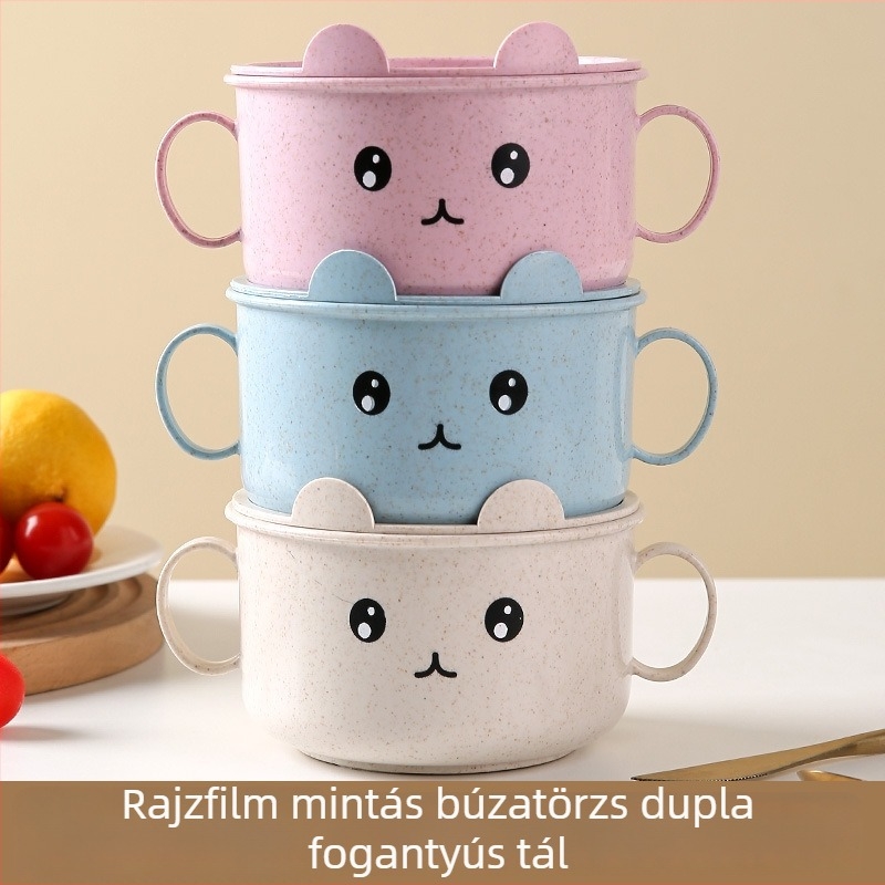 Baba tál búzaszalmából fedővel, rajzolt medvés mintával, kétfülű fogantyúval, mikrohullámú sütőben használható