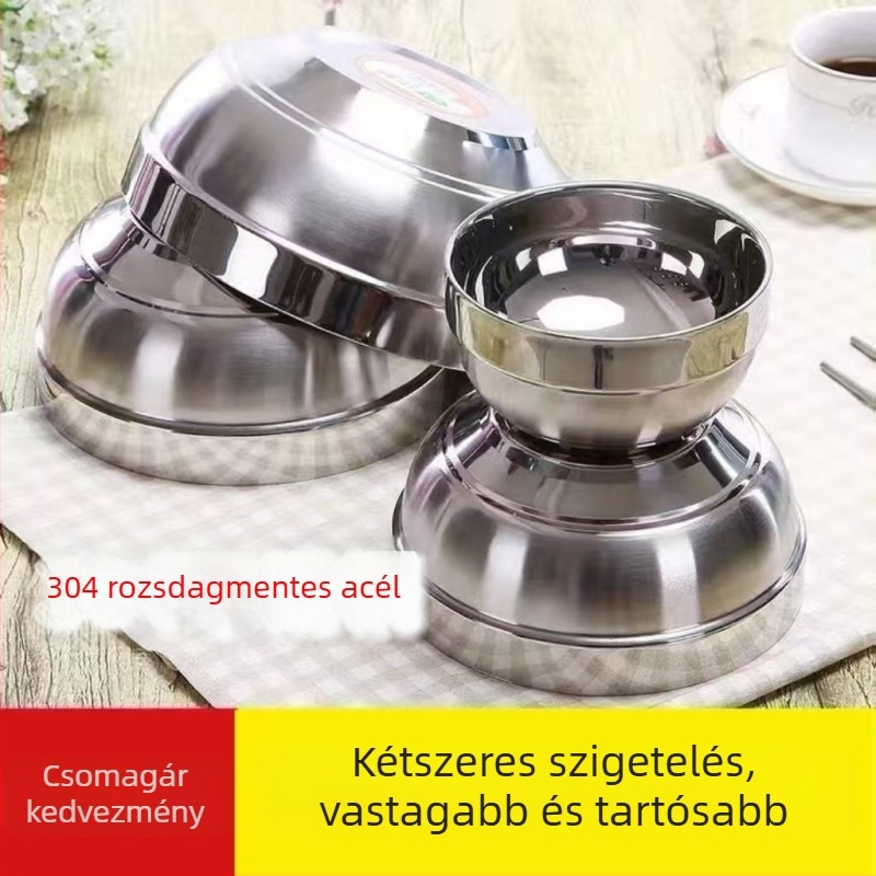 304 rozsdamentes acélból készült szigetelt tál, evőpálcikákkal – dupla falú, ütésálló, kantinokhoz és otthoni használatra