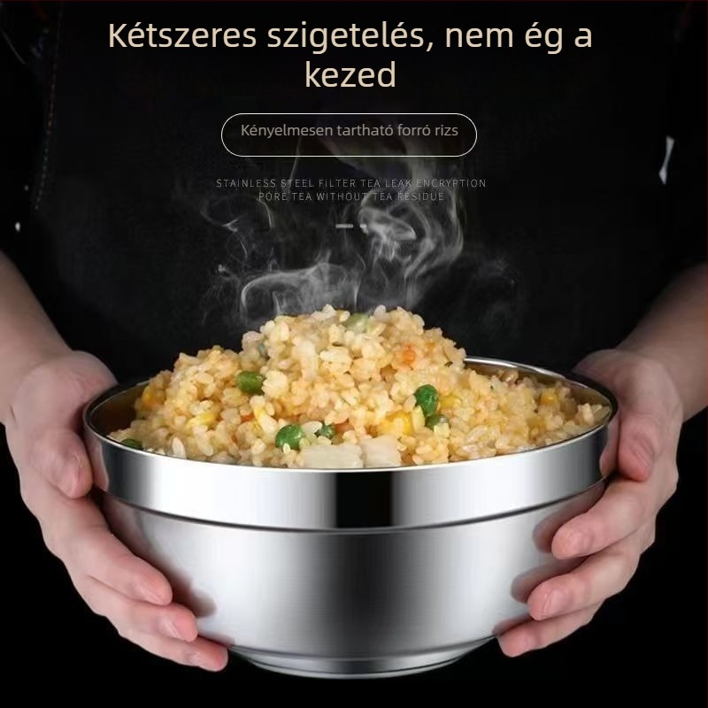 304 rozsdamentes acélból készült szigetelt tál, evőpálcikákkal – dupla falú, ütésálló, kantinokhoz és otthoni használatra