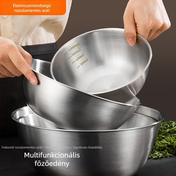 Rozsdamentes acélból készült salátás tál, kör alakú, modern minimalista stílus, csiszolt felület, testreszabható és logó nyomtatható