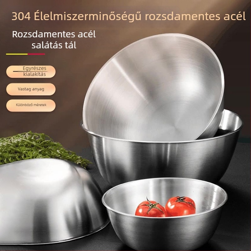 Rozsdamentes acélból készült salátás tál, kör alakú, modern minimalista stílus, csiszolt felület, testreszabható és logó nyomtatható