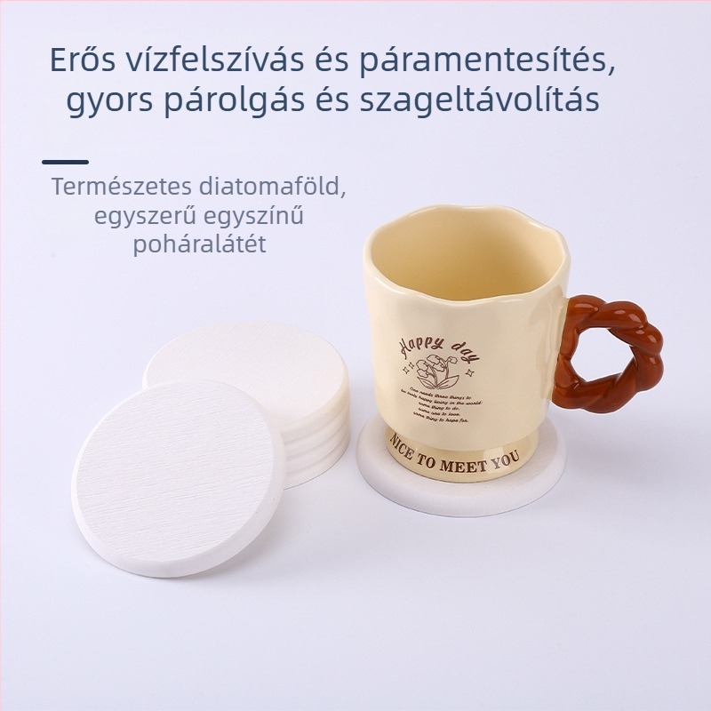 Diatomás agyag poháralátét – egyszínű fehér, nedvszívó, gyors száradás, csúszásmentes, hőszigetelő