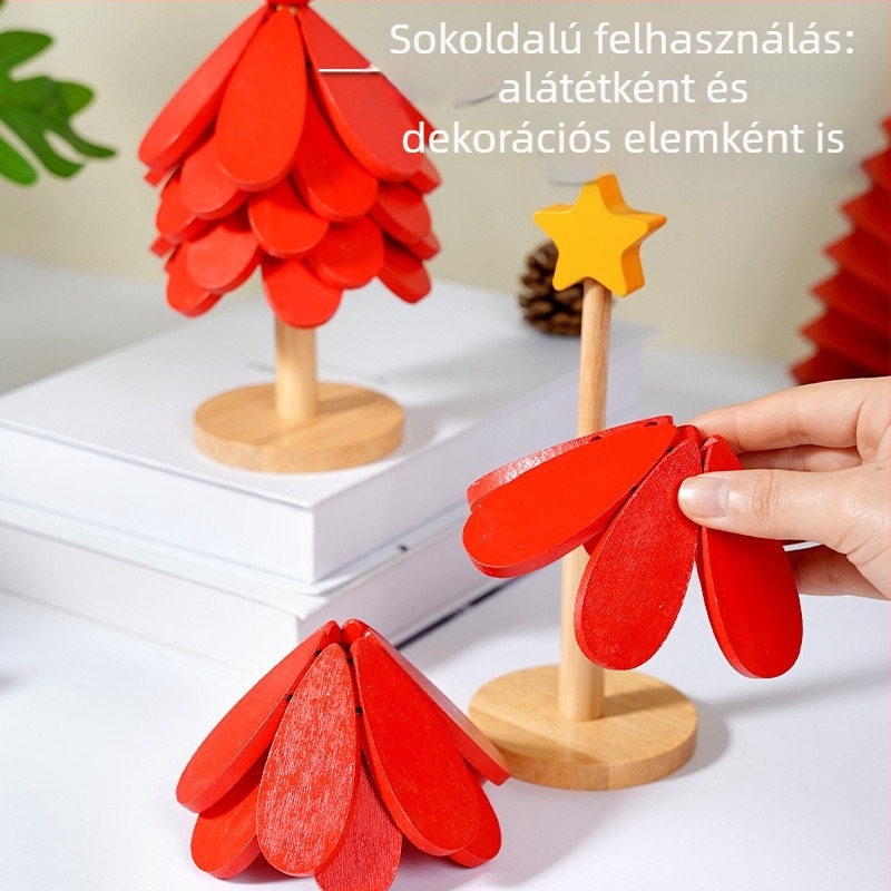 Masszív faanyagú hőszigetelő alátét háztartási használatra, forró edények és poharak alátámasztására, étkezőasztalra és poháralátét, égésvédelmi kivitel, bambusz karácsonyi fa motívummal
