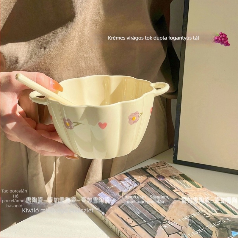 Két fogantyúval rendelkező krémes tökös levesestál, nagy kapacitású porcelánból, aranyos otthoni étkészlet
