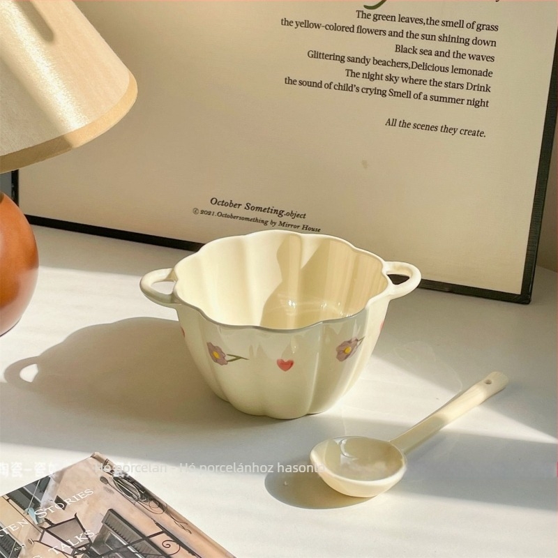 Két fogantyúval rendelkező krémes tökös levesestál, nagy kapacitású porcelánból, aranyos otthoni étkészlet