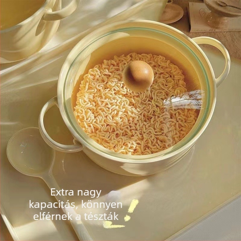 Porcelán tál nudlihoz fedővel és dupla fogantyúval, mikrohullámú sütőben használható, égési sérülések elleni védelem