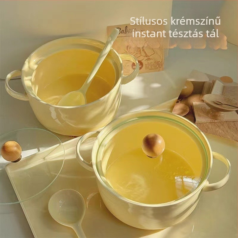 Porcelán tál nudlihoz fedővel és dupla fogantyúval, mikrohullámú sütőben használható, égési sérülések elleni védelem