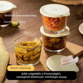 Üvegből készült tárolóedény fedéllel, szivárgásmentes, élelmiszer-biztonsági minőségű, savanyúságok tárolására, hűtőben tárolható, ízek keveredésének megelőzése, kis tál savanyúság számára