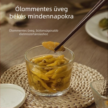 Üvegből készült tárolóedény fedéllel, szivárgásmentes, élelmiszer-biztonsági minőségű, savanyúságok tárolására, hűtőben tárolható, ízek keveredésének megelőzése, kis tál savanyúság számára