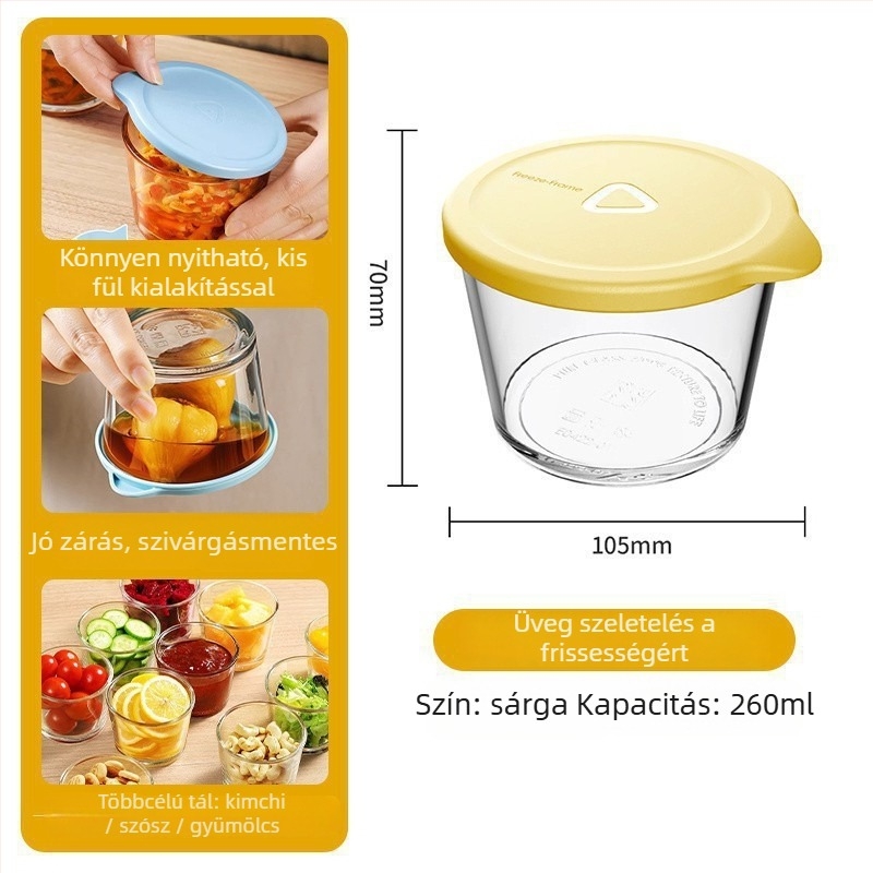 Üvegből készült tárolóedény fedéllel, szivárgásmentes, élelmiszer-biztonsági minőségű, savanyúságok tárolására, hűtőben tárolható, ízek keveredésének megelőzése, kis tál savanyúság számára