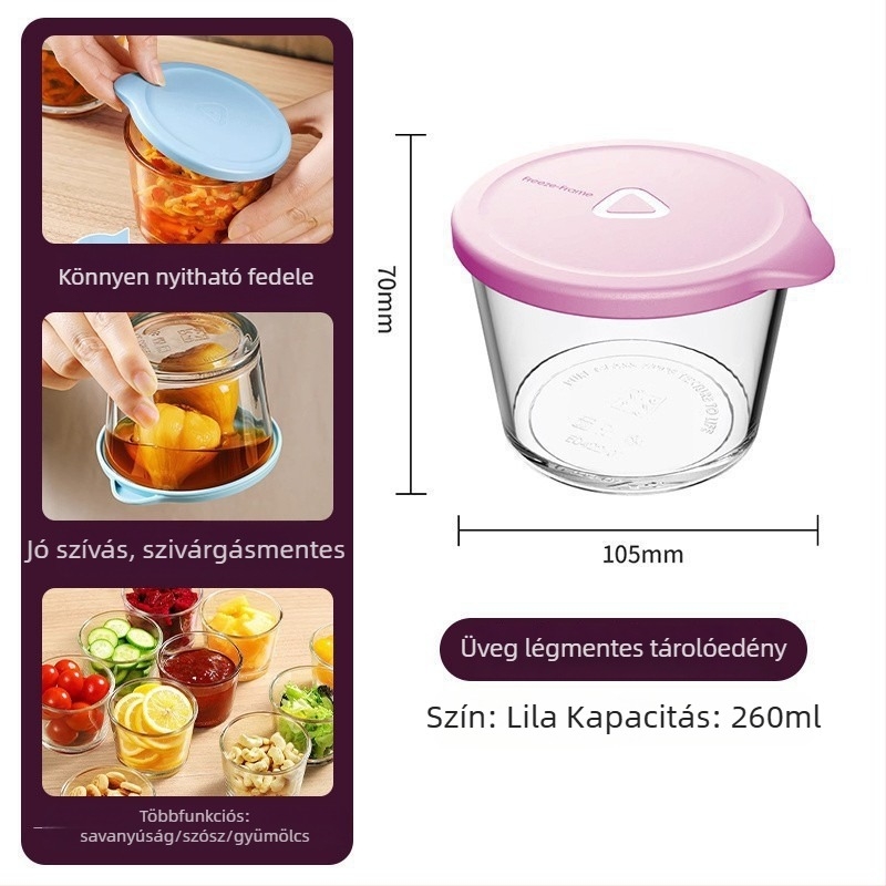 Üvegből készült tárolóedény fedéllel, szivárgásmentes, élelmiszer-biztonsági minőségű, savanyúságok tárolására, hűtőben tárolható, ízek keveredésének megelőzése, kis tál savanyúság számára