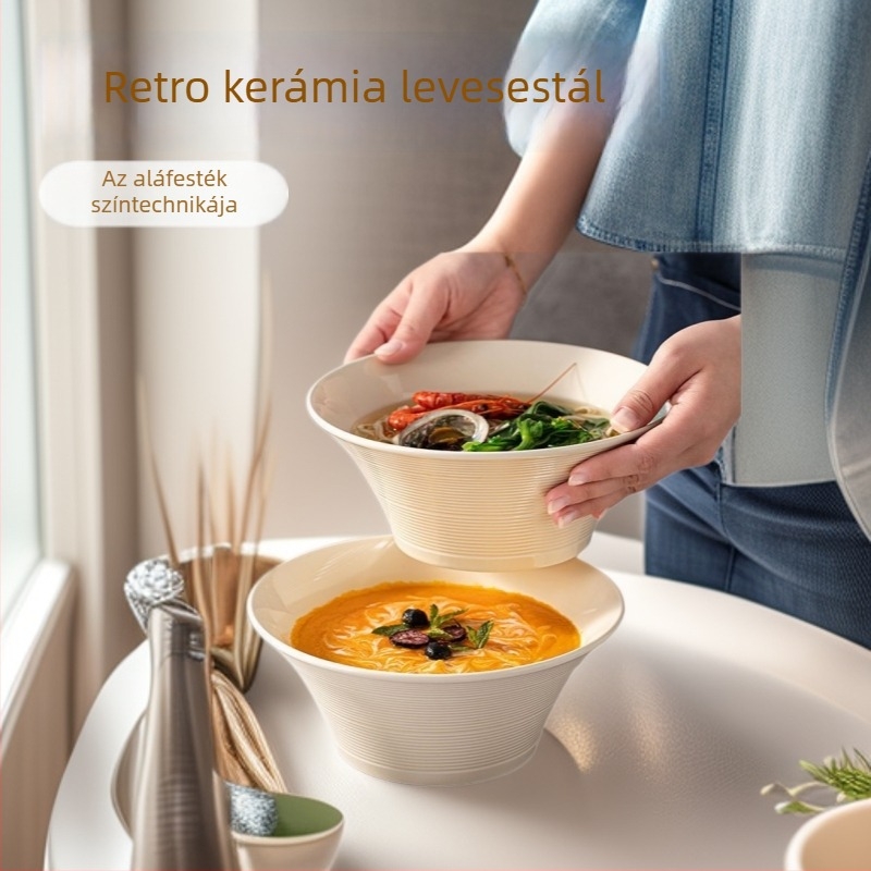 Porcelán ramen- és levesestál, egyszínű dizájn, kerek formájú, retró stílus, mikrohullámú sütőben használható