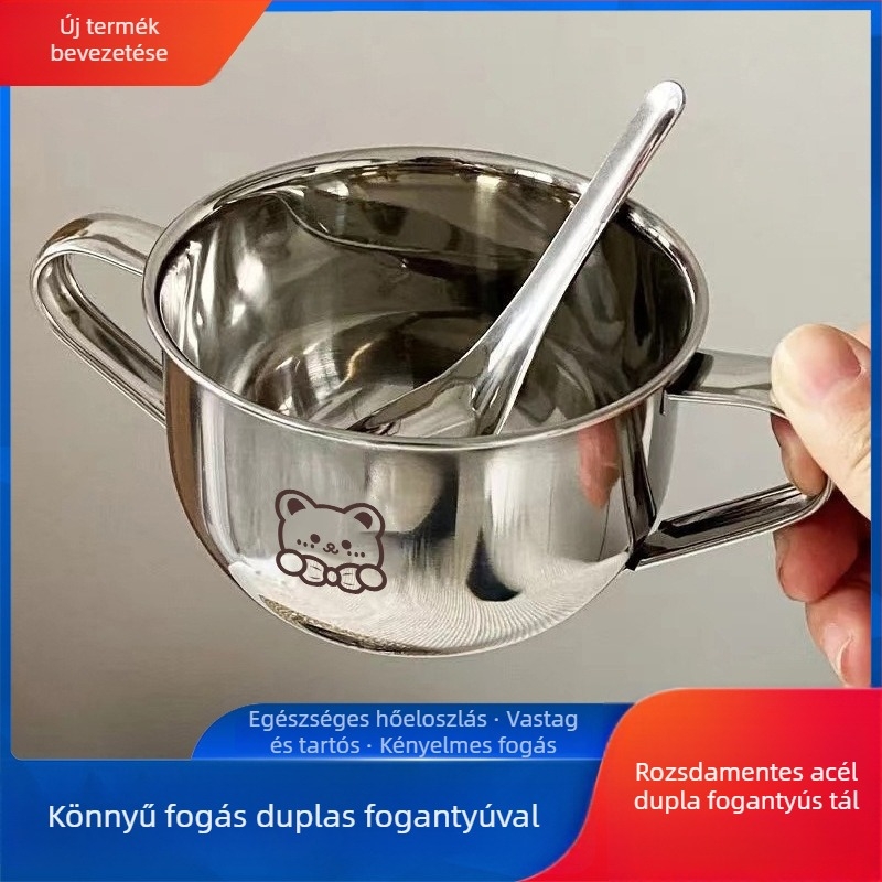 Baba tál és kanál készlet, medve család mintával, dupla fül és dupla fogantyú, kerek 304 rozsdamentes acélból, gyermekeknek, mikrohullámú sütő nem elérhető