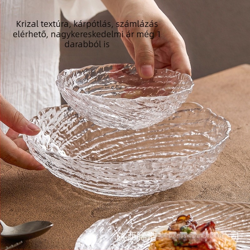 Üveg edények jégmintás dizájnnal: szabálytalan gyümölcs tálak és tálak, áttetsző desszerttálak, cukor-víz tálak; kézzel készített, testreszabható, modern minimál stílus