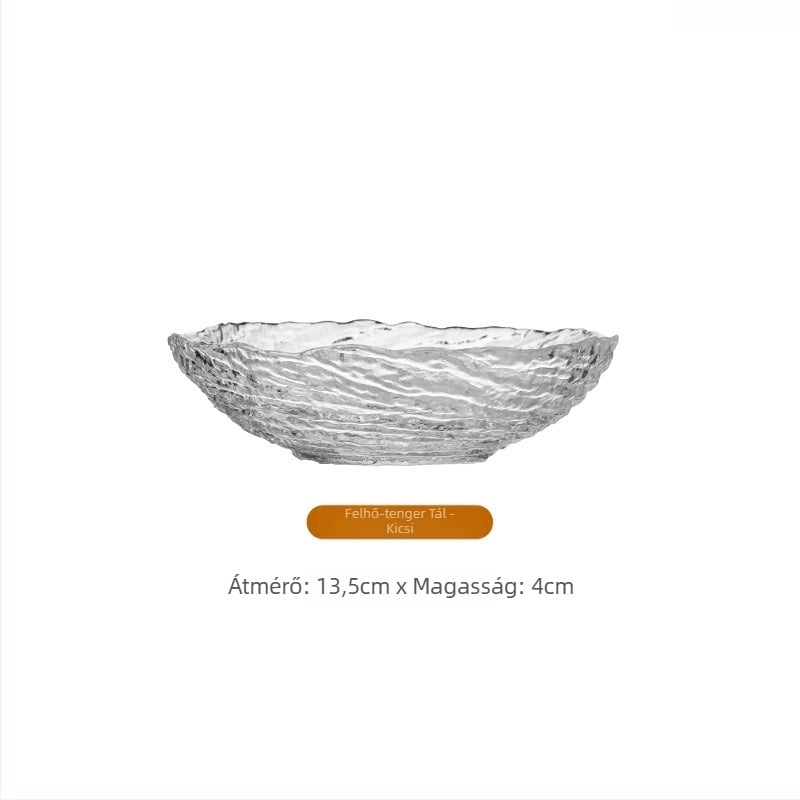 Üveg edények jégmintás dizájnnal: szabálytalan gyümölcs tálak és tálak, áttetsző desszerttálak, cukor-víz tálak; kézzel készített, testreszabható, modern minimál stílus