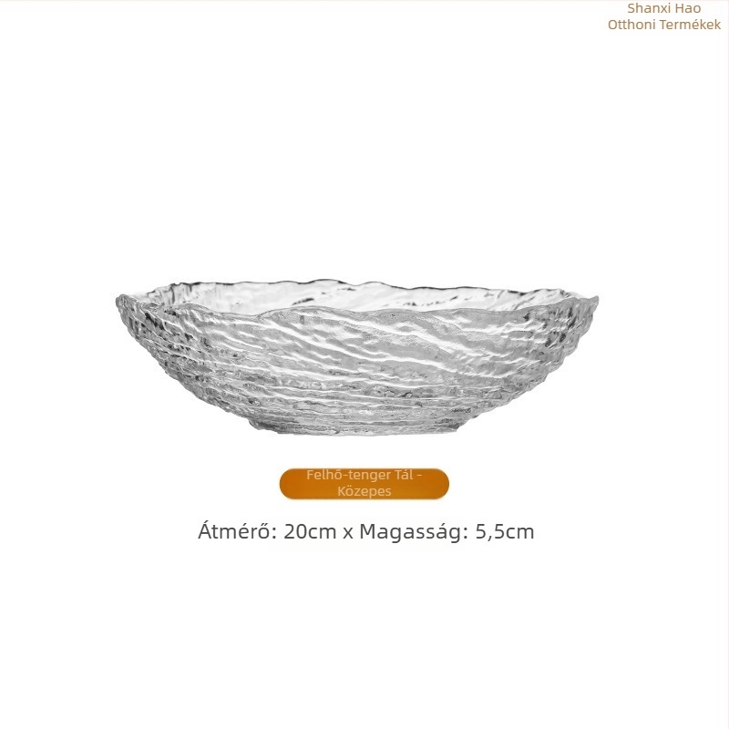 Üveg edények jégmintás dizájnnal: szabálytalan gyümölcs tálak és tálak, áttetsző desszerttálak, cukor-víz tálak; kézzel készített, testreszabható, modern minimál stílus