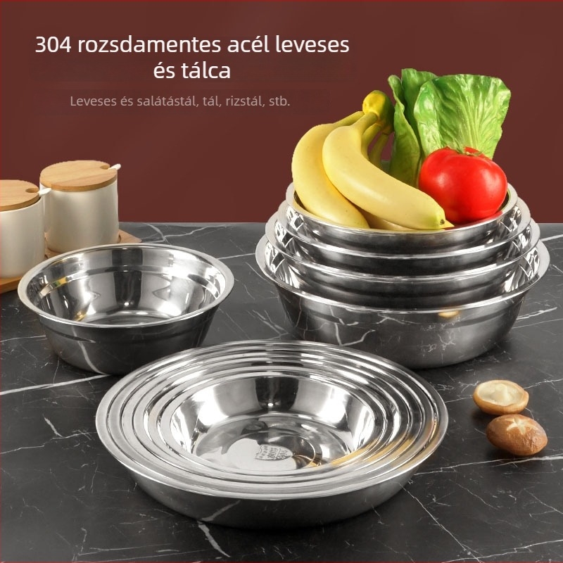304 rozsdamentes acél levesestál korong, vastagított és mélyített, kör alakú, sokoldalú tálaló edény, polírozott felület