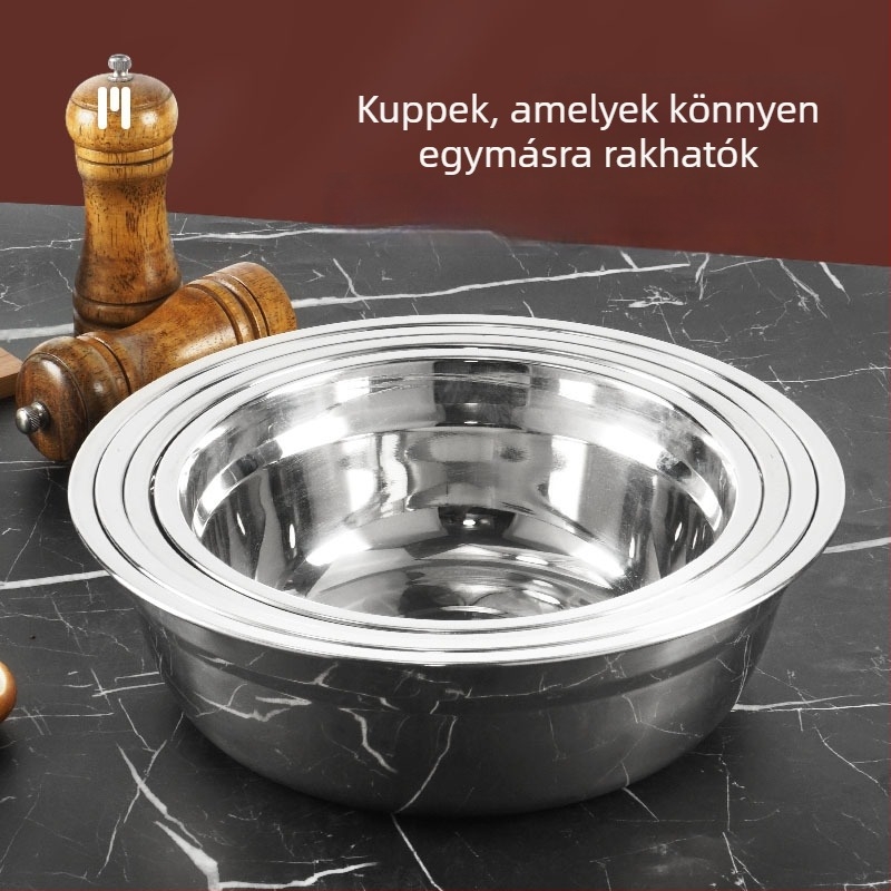 304 rozsdamentes acél levesestál korong, vastagított és mélyített, kör alakú, sokoldalú tálaló edény, polírozott felület