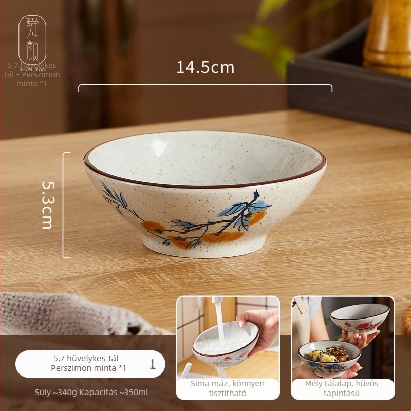 Porcelán étkészlet alul-glazúrral, színes mintával, retro kínai stílus – rizs-, tészta-, leves- és desszerttálak