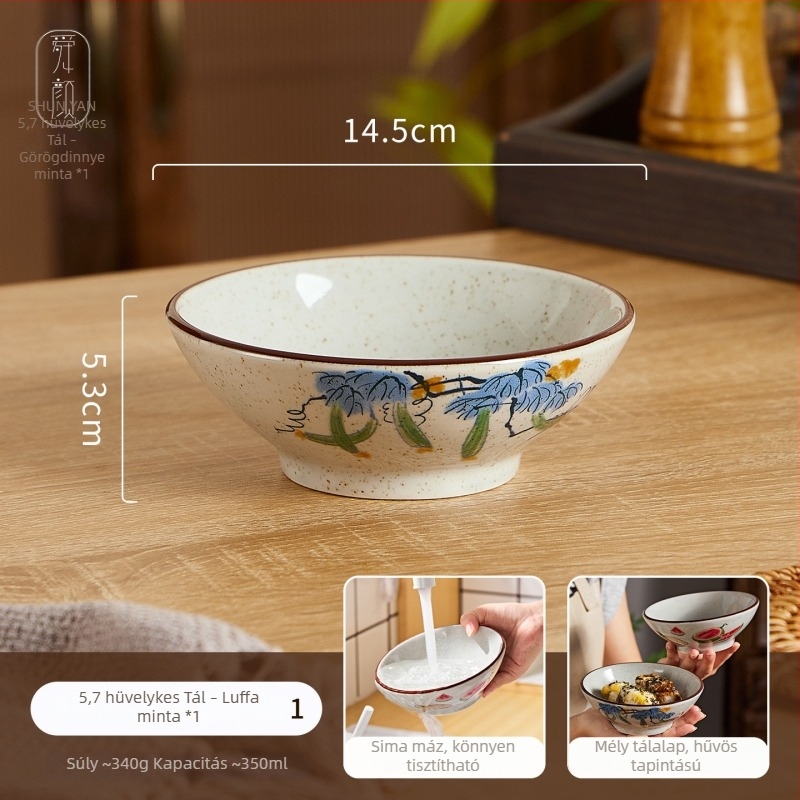 Porcelán étkészlet alul-glazúrral, színes mintával, retro kínai stílus – rizs-, tészta-, leves- és desszerttálak