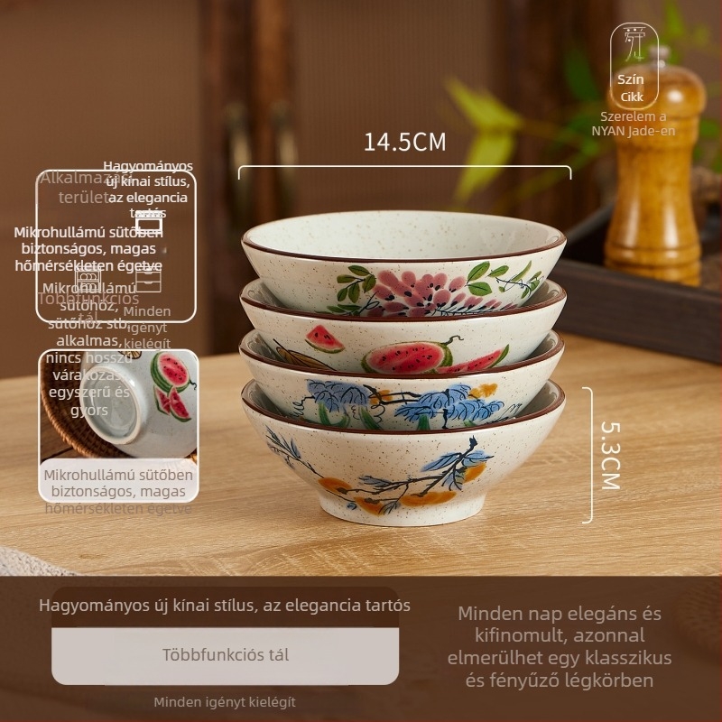 Porcelán étkészlet alul-glazúrral, színes mintával, retro kínai stílus – rizs-, tészta-, leves- és desszerttálak