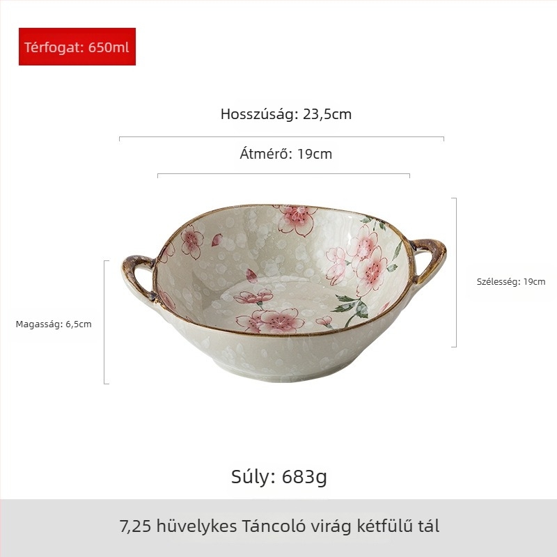 Kétfülű kerámia tál ramenhez, japán stílus, szabálytalan alak, virágos mintázat, mikrohullámú sütőben használható