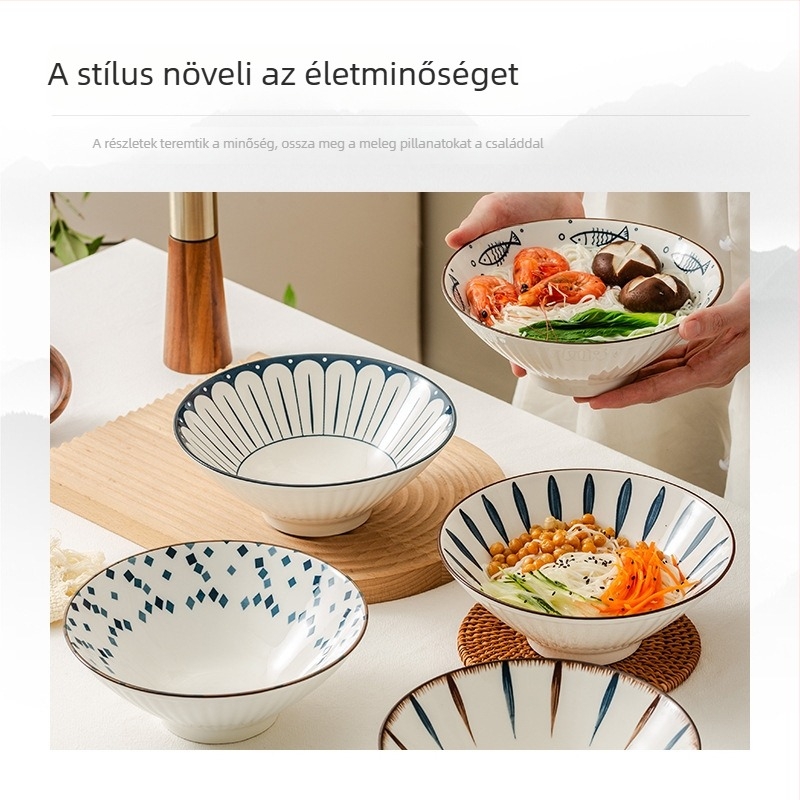 Japán stílusú kerámiatál ramenhez, underglazúros felülettel, minimalistikus kerek dizájn, mikrohullámú sütőben is használható