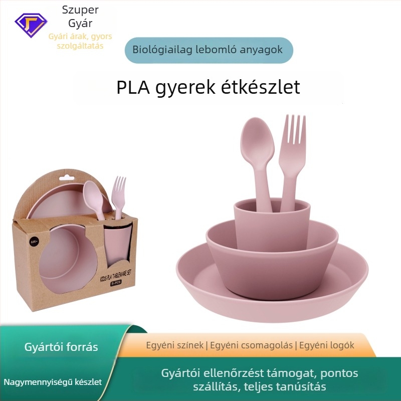 5 részes baba etető étkészlet - minimalist stílus, környezetbarát és biológiailag lebomló, 6 hónapos kortól, háromrekeszes tejpor doboz