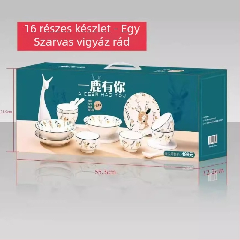 Kerámia étkészlet, 6 részes, 10 rizstál és leveses tányérok, rajzolt cartoon minta, modern minimalista stílus, ajándékdoboz