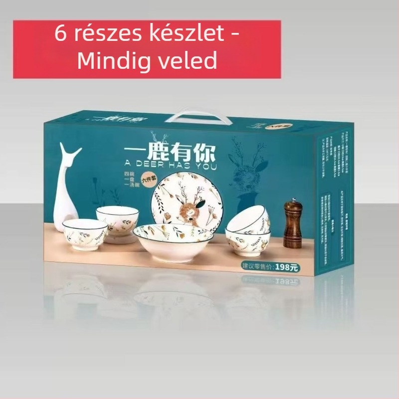 Kerámia étkészlet, 6 részes, 10 rizstál és leveses tányérok, rajzolt cartoon minta, modern minimalista stílus, ajándékdoboz