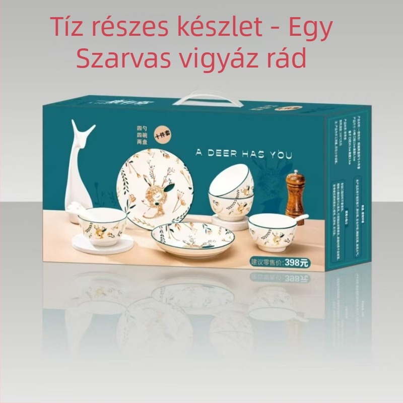 Kerámia étkészlet, 6 részes, 10 rizstál és leveses tányérok, rajzolt cartoon minta, modern minimalista stílus, ajándékdoboz