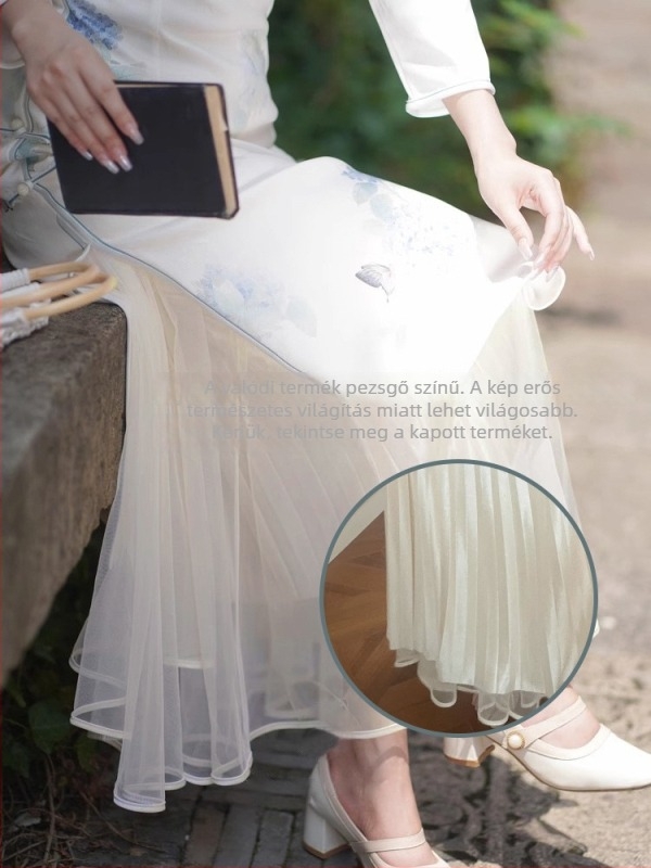 Qipao aláöltözet - virágos domborított minta, A-vonal, középhosszú, mikroelasztikus