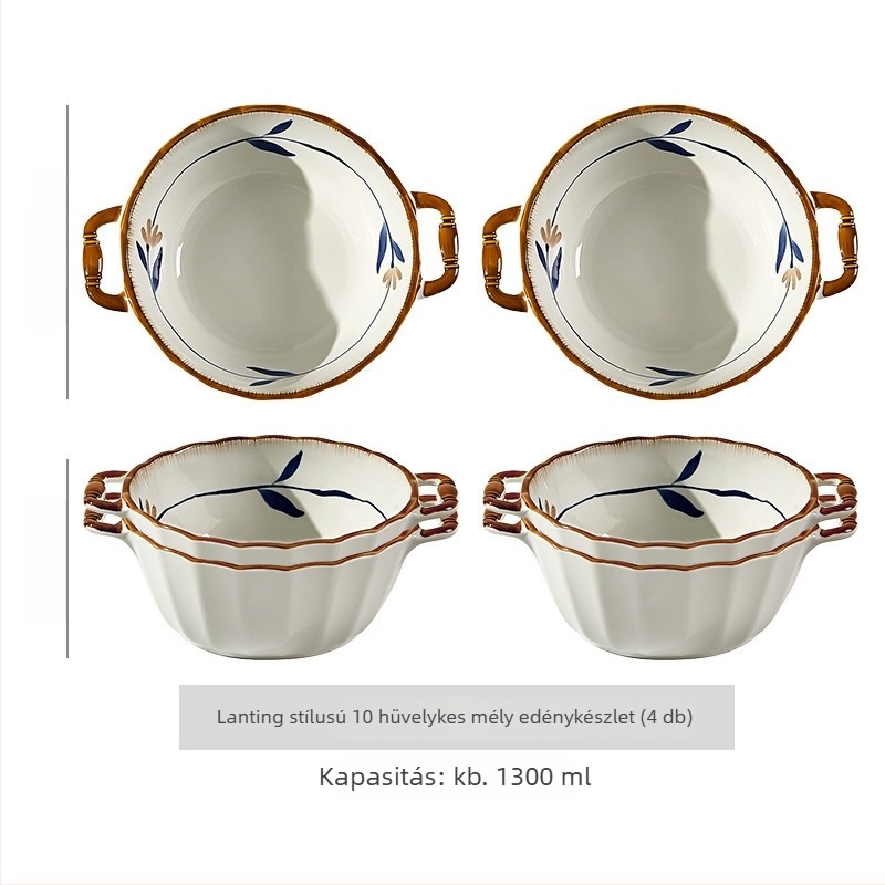 Instant tészta tál, porcelán, növény- és virágmintázat, japán stílus, mikrózható