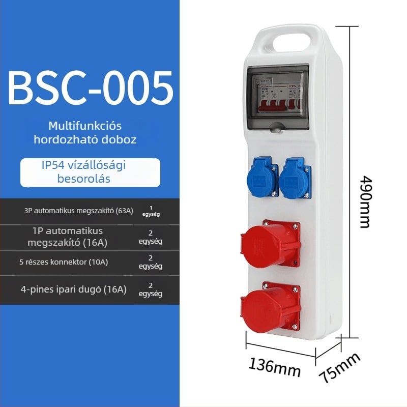 Építési helyszíni háromszintes aljzatelosztó doboz, IP65 vízálló, hordozható kültéri, 6 aljzat, 32A