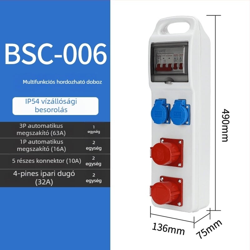 Építési helyszíni háromszintes aljzatelosztó doboz, IP65 vízálló, hordozható kültéri, 6 aljzat, 32A
